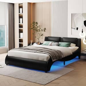 Black Wood Frame Full Size Upholstered Faux Leather Platform Bed with LED Light