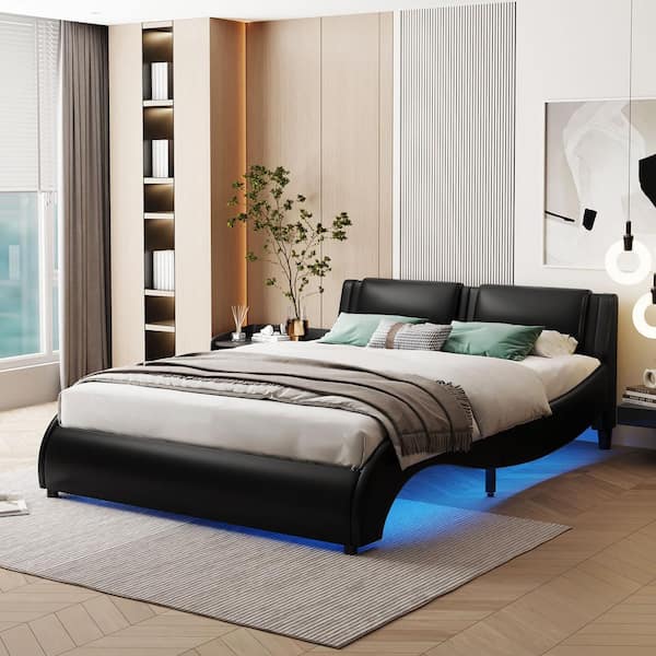 Harper & Bright Designs Black Wood Frame Full Size Upholstered Faux Leather Platform Bed with LED Light