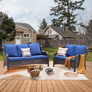 Vincent 2-Piece Wicker Outdoor Patio Conversation Seating Sofa Set with Navy Blue Cushions
