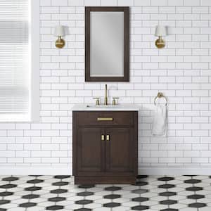 Chestnut 30 in. W x 21.5 in. D Vanity in Brown Oak with Marble Vanity Top in White with White Basin and Mirror