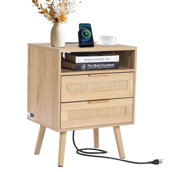 Rattan Nightstand, Boho Bedside Table with Open Shelf 2 Drawers, Rattan End Table Nightstand with Solid Wood Legs