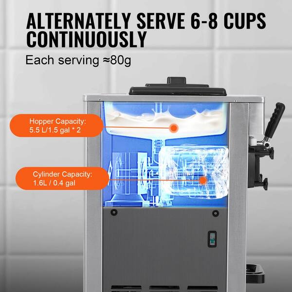 SVOPES Commercial Ice Cream Machine 11.6 qt. Silver 21-31 L/H Output 1800W  3-Flavor Freestanding Soft Ice Cream Maker ZLSRBQLJSKWANO11KV1-0914