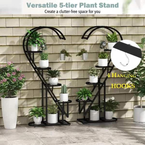 ESILOO 5-Tier Metal Plant Stand with Hanging Hooks – Sturdy Ladder