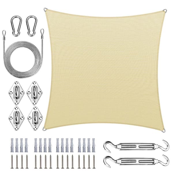 Pro Ring 16 ft. x 16 ft. Square Sun Shade Sail with Hardware Kit and Rope-Beige