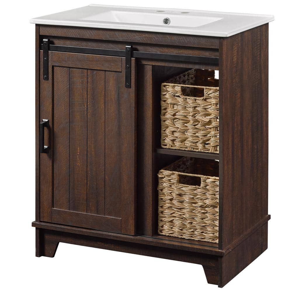 Antique Brown Cherry 30" Farmhouse Sliding Barn Door Bathroom Vanity