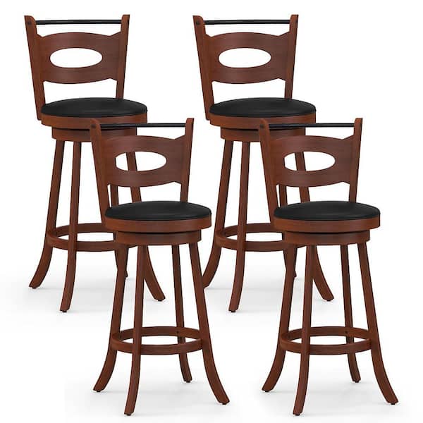 4PCS 30 in. Brown & Black High Back Solid Rubber Wood 360° Swivel Bar Stools Dining Chairs Leather Padded