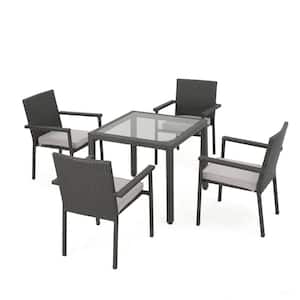 Gray 5-Piece Faux Rattan Square Outdoor Dining Set with Silver Cushion