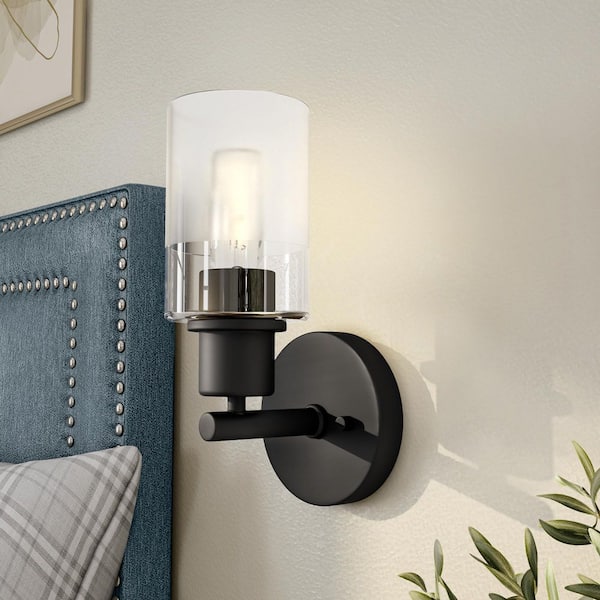 Designers Fountain Cedar Lane 5 in. 1-Light Matte Black Modern Wall Sconce with Clear and Etched Glass Shade