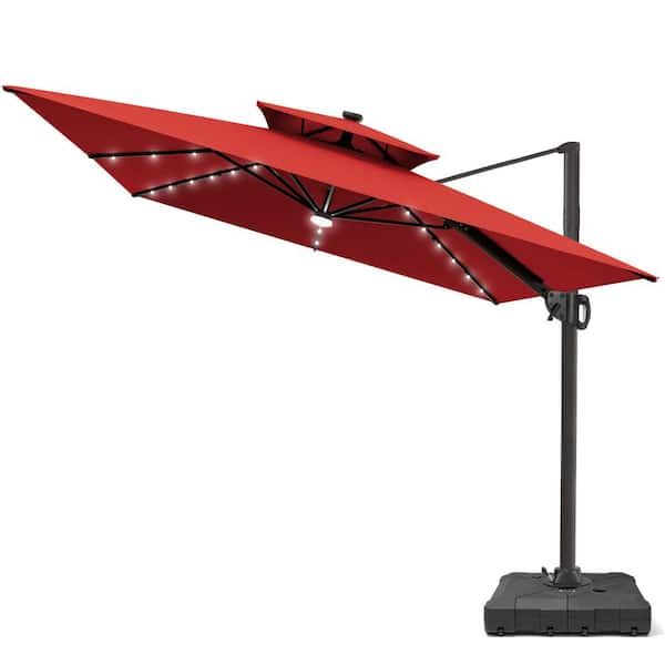 Pellebant 2-Tier 11 ft. x 9 ft. Rectangular 360° Swivel Solar LED Lighted Cantilever Patio Umbrella with Wheeled Stand in Red