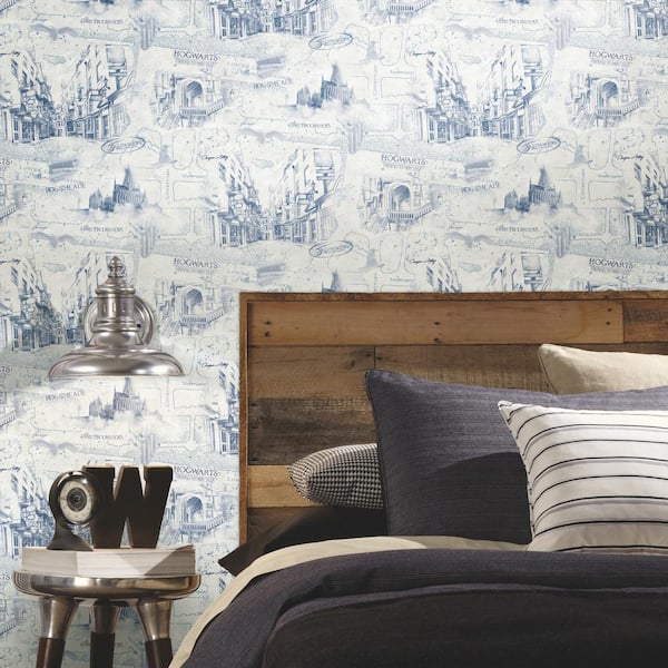 Harry Potter Map Blue Matte Finish Peel and Stick Vinyl Wallpaper