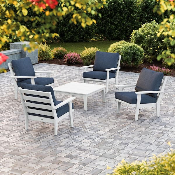 POLYWOOD Grant Park 5-Piece White Plastic Conversation Set With Stone Blue Cushions