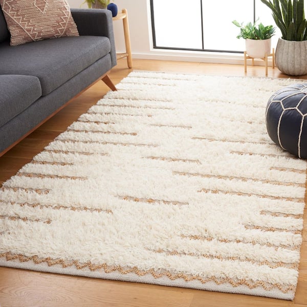 Natura 6 ft. x 6 ft. Ivory/Natural Chevron Flokati Striped Square Area Rug