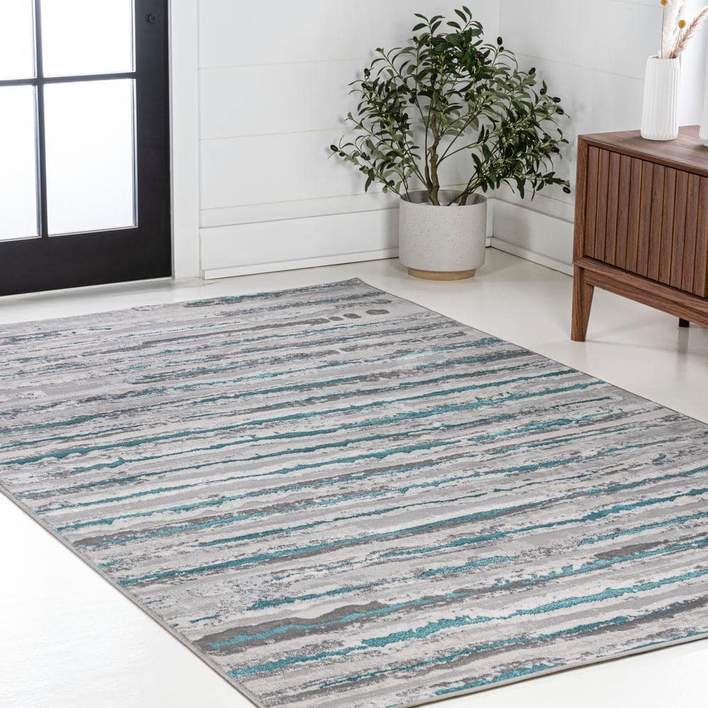 Gray and Turquoise 8' x 10' Synthetic Stripe Area Rug