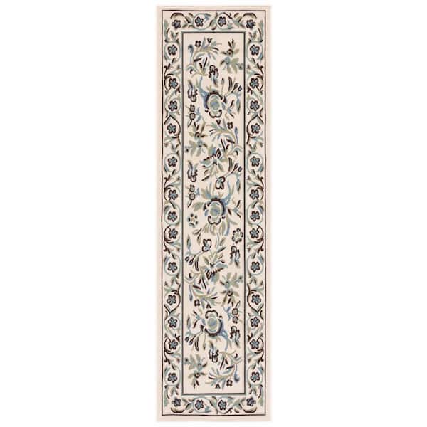 Veranda Cream/Green 2 ft. x 8 ft. Ornate Floral Border Indoor/Outdoor Runner Rug
