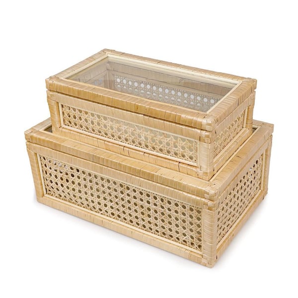Afoxsos Brown 9.5 in. x 6 in. Bamboo Deccrative Boxes Set of 2 for Home Decor, Rattan Woven Case for Display