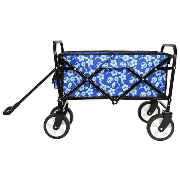 2 cu. ft. Steel Frame Outdoor Garden Cart Waterproof Fabric Folding Wagon with fixed belt, Blue Flower Texture