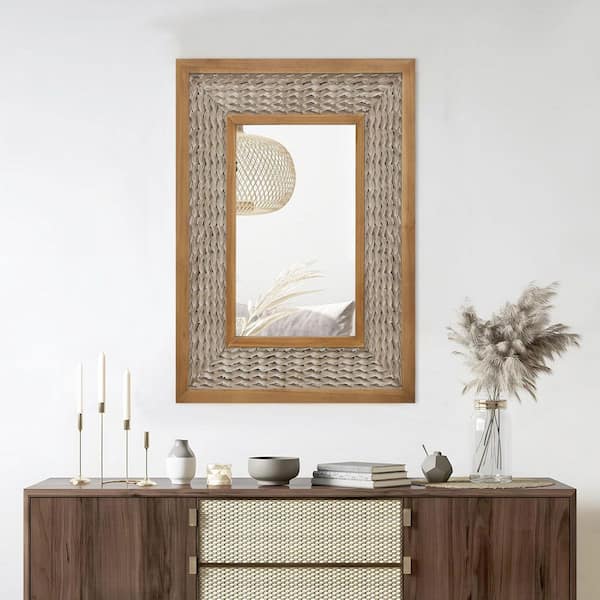 24 in. W x 35 in. H Classic Rectangular Antique Wood Frame Light Color Country Art Wall Mirror Decorative Mirror