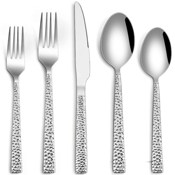 60-Piece Hammered Stainless Steel Flatware Set, Service for 12, Mirror Polished Silverware Cutlery Set with Dinner Kniv