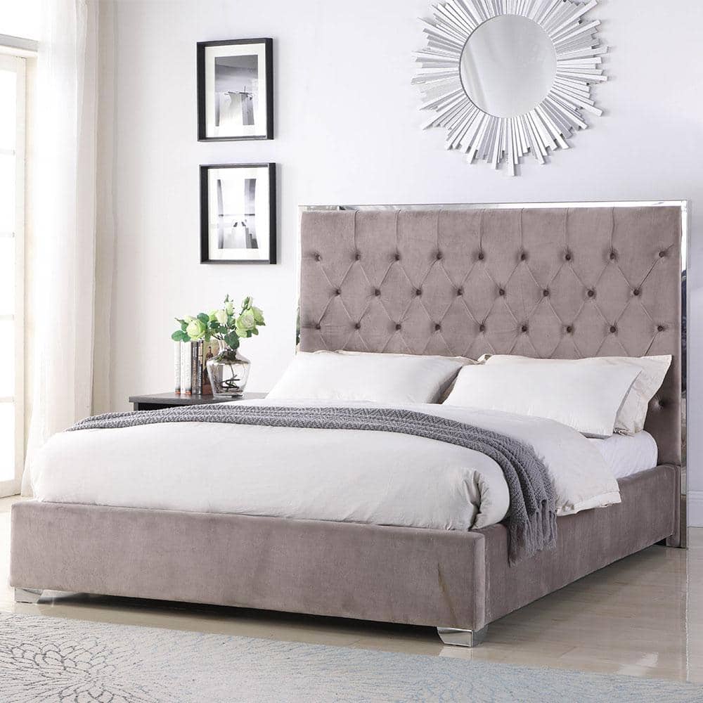 Elegant Queen Velvet Platform Bed with Tufted Headboard, Light Grey