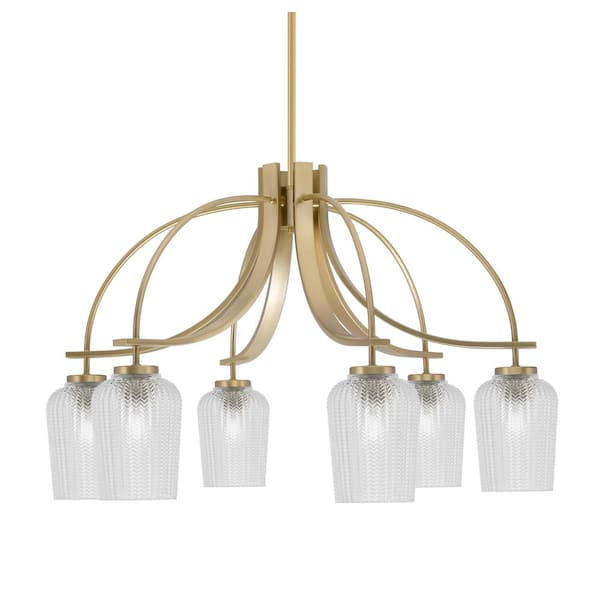 Unbranded Olympia 19 in. 6-Light New Age Brass Downlight Chandelier Clear Textured Glass Shade