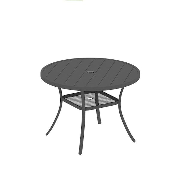 Unbranded 41.7 in. Round Metal Outdoor Dining Table, Patio Table with Umbrella Hole and Storage Shelf, Dark Gray