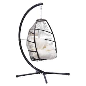 31.5 in. 1-Person Black Wicker Patio Swing Hammock Egg Chair With C Type Bracket and Beige Cushion