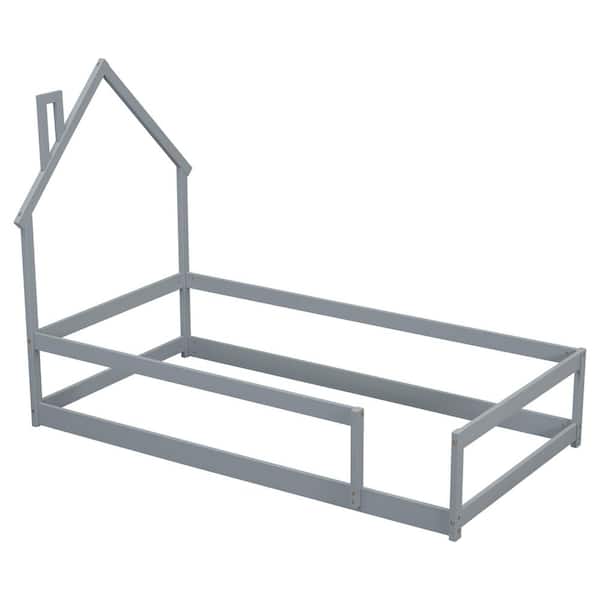 Gray Wood Frame Twin Platform Bed with House-Style Headboard, Guardrails, Solid Wood for Kids, Toddlers, or Teens