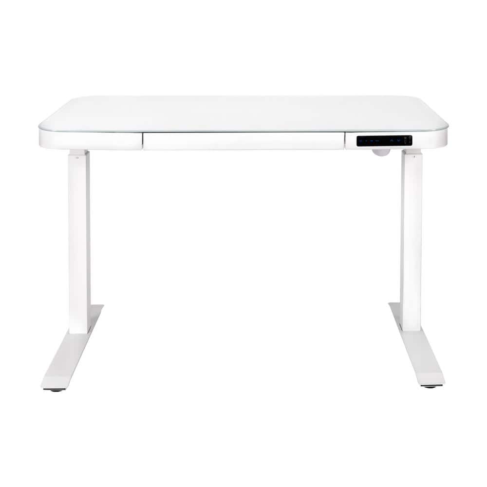 White Adjustable Height Glass Standing Desk with USB Ports and Drawer