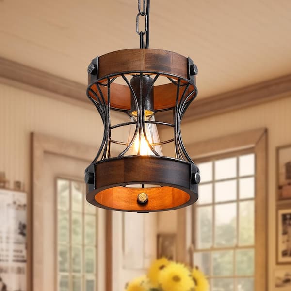 ANTOINE Black 1-Light Modern Farmhouse Kitchen Island Pendant Lighting Wood Pendant Light with Wood Shade