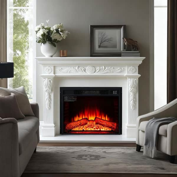 23 in. Ventless Electric Fireplace Insert with Remote Control, Ultra Thin Heater with Log Set & Realistic Flame in Black