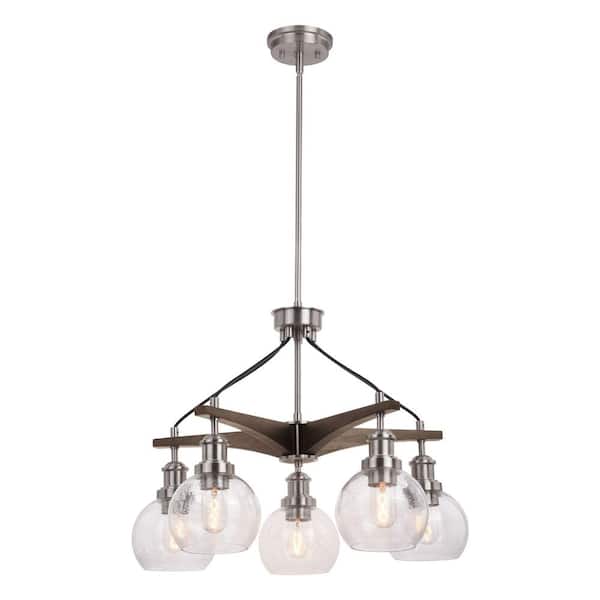 Avondale 25.5-in Satin Nickel and Wood Farmhouse 5-Light Chandelier Hanging Fixture, Clear Glass Globes