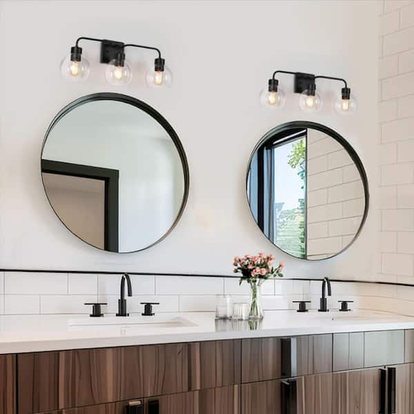 24.5 in. 3-Light Industrial Matte Black Bathroom Vanity Light, Modern Bath Lighting, Clear Globe Shade Wall Sconce