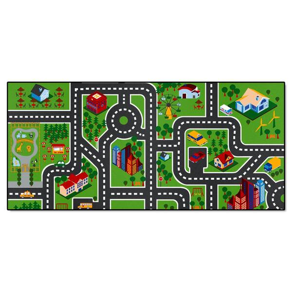 FANMATS City Streets Green Multi 3 ft. x 6 ft. Non-Slip Kids Area Rug