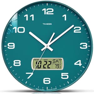 13 in. Green Analog Non-Ticking Battery Operated with LCD Display for Ideal Modern Home, Bedroom, Kitchen and Office