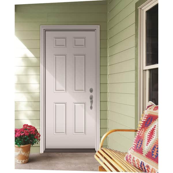 30 in. x 80 in. 6-Panel Left-Hand Inswing Primed Steel Prehung Front Door on 4-9/16 in. Frame with Nickel Hinges