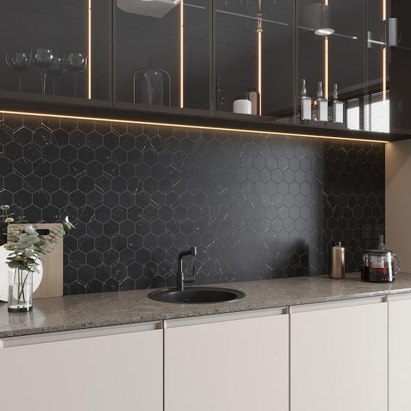 Aloha 10 in. x 12 in. Polished Black with White Glass Mosaic Hexagon Wall and Floor Tile (8.29 sq. ft./case)-10 Pack