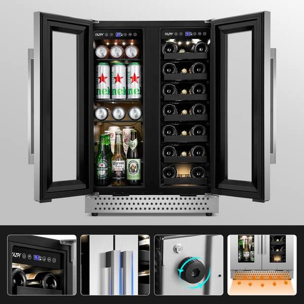 Dual Zone 24 in. Built-In 20-Bottle and 88-Can Beverage and Wine Cooler  Fridge with French Doors, Stainless Steel