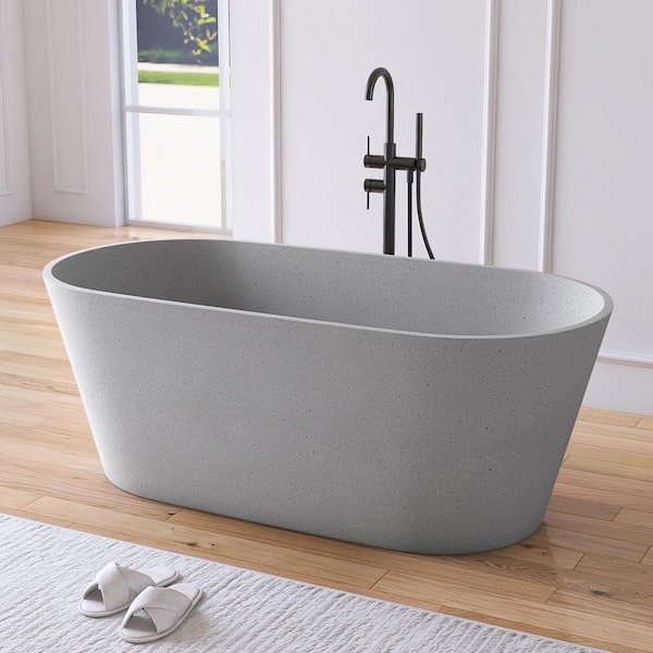 59 in. x 29 in. Terrazzo Stone Solid Surface Flatbottom Freestanding Soaking Bathtub in Light Gray