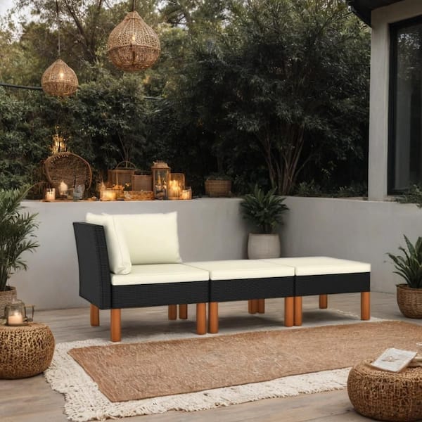 Benjara Brown 3-Piece Wicker Rattan Outdoor Sectional Sofa Set with Ivory and Black Cushion
