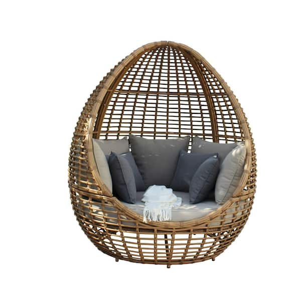 Renava Cocoon Mini 1-Piece Wicker Outdoor Day Bed with Beige Cushions
