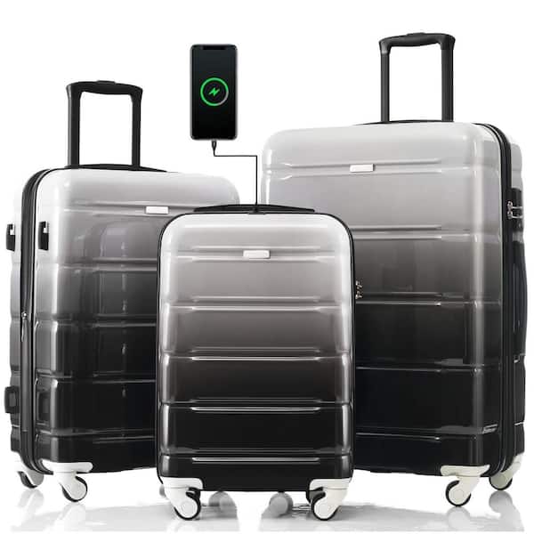 3-Piece Black and Gray 20"24"28" Expandable ABS+PC Hardshell Spinner Luggage Set with TSA Lock, USB Port(20")