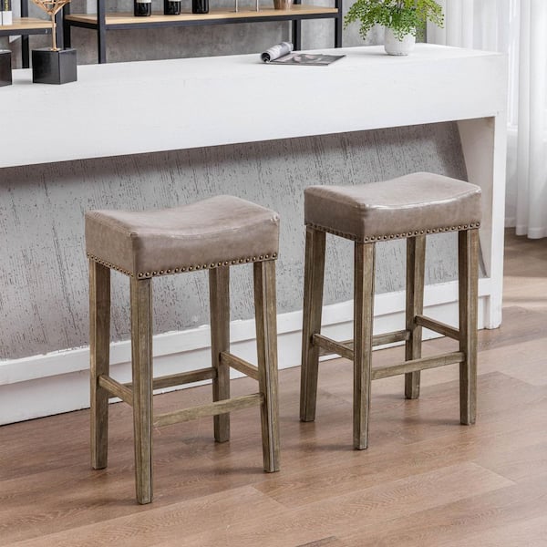 Huluwat 29 in. Light Gray Backless Wood Frame Bar Stool with Faux Leather Seat for Kitchen Counter (Set of 2)