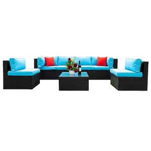5-Piece Wicker Outdoor Patio Conversation Sectional Sofa Seating Set with Blue Cushion, Coffee Table and 2-Pillows