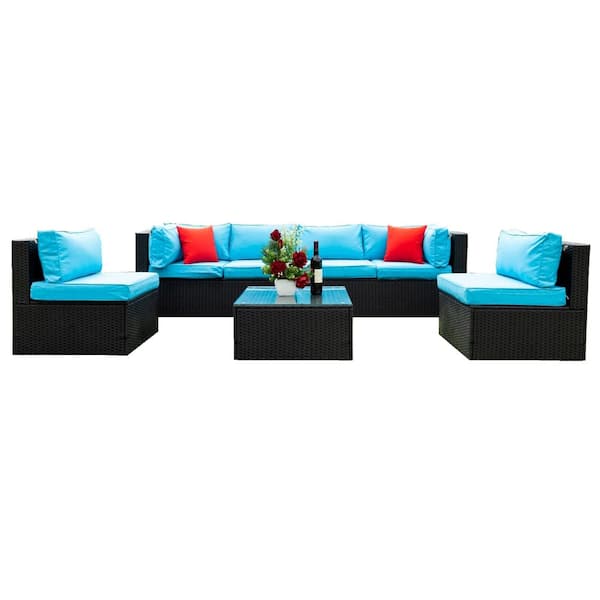 Zeus & Ruta 5-Piece Wicker Outdoor Patio Conversation Sectional Sofa Seating Set with Blue Cushion, Coffee Table and 2-Pillows