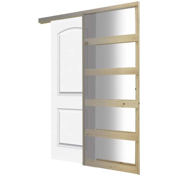 Steves & Sons 24 in. x 80 in. 2P Round Top No Bore SC White Primed Molded Interior Door Slab with Pocket Door Frame and Hardware Kit