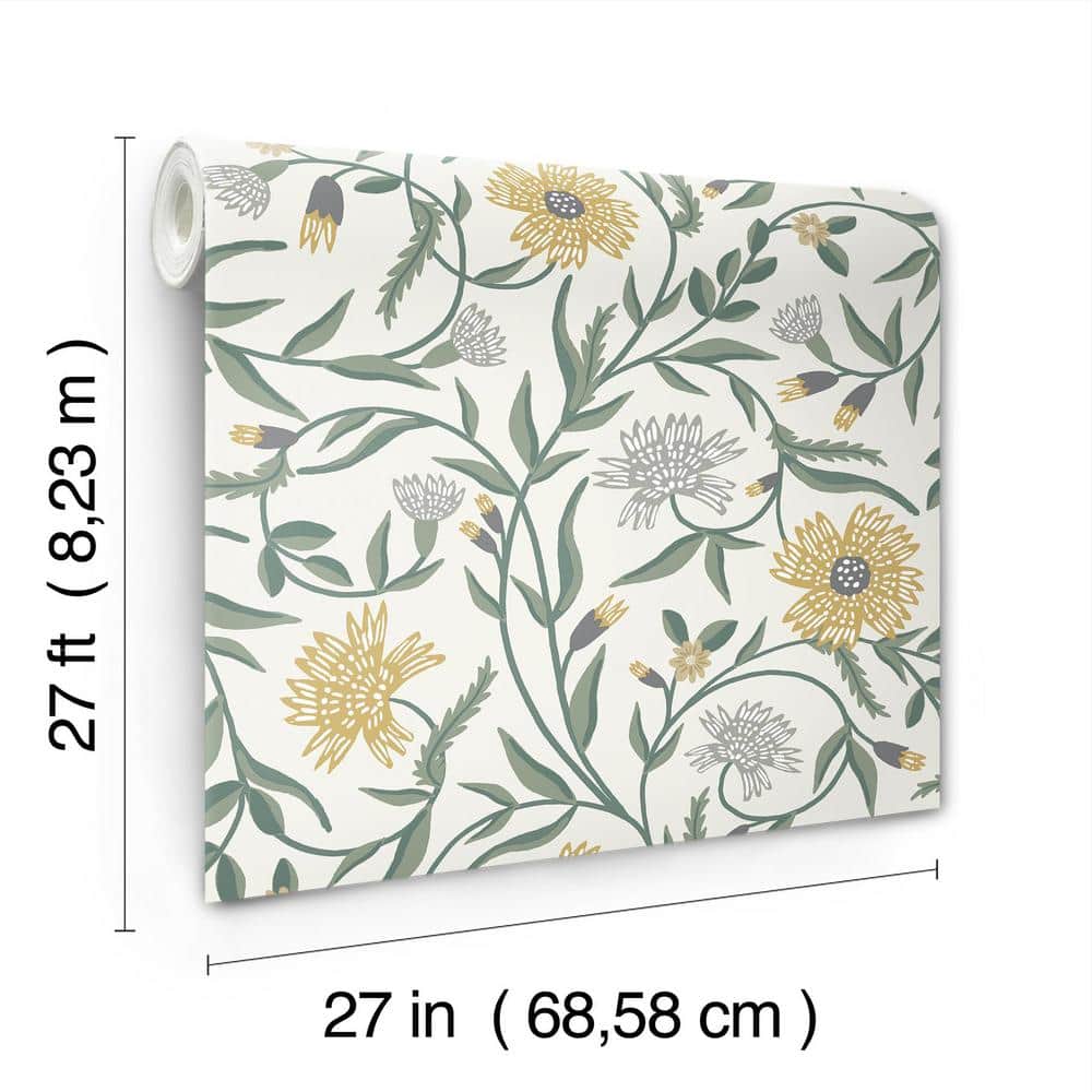 Gold and Green Floral Non-Pasted Washable Wallpaper