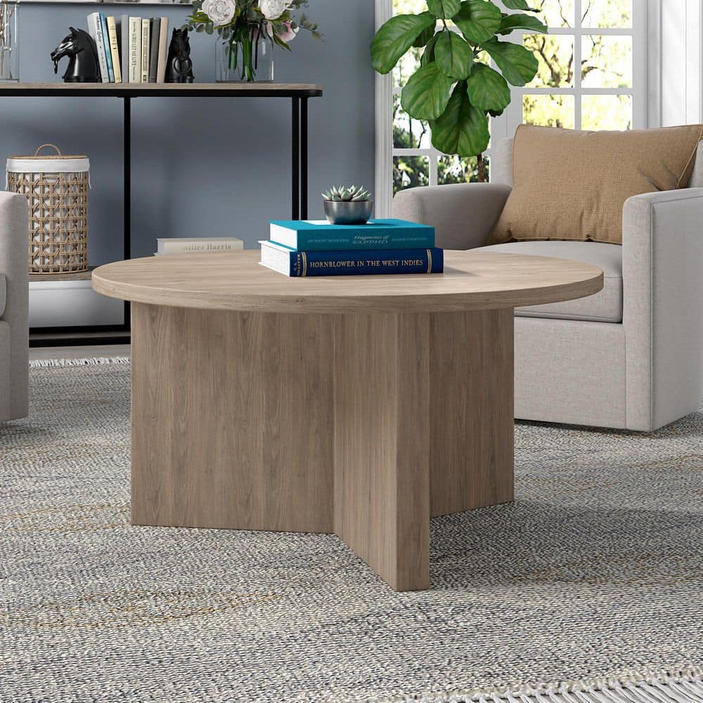 Antiqued Gray Oak Round Wood Coffee Table, 32"