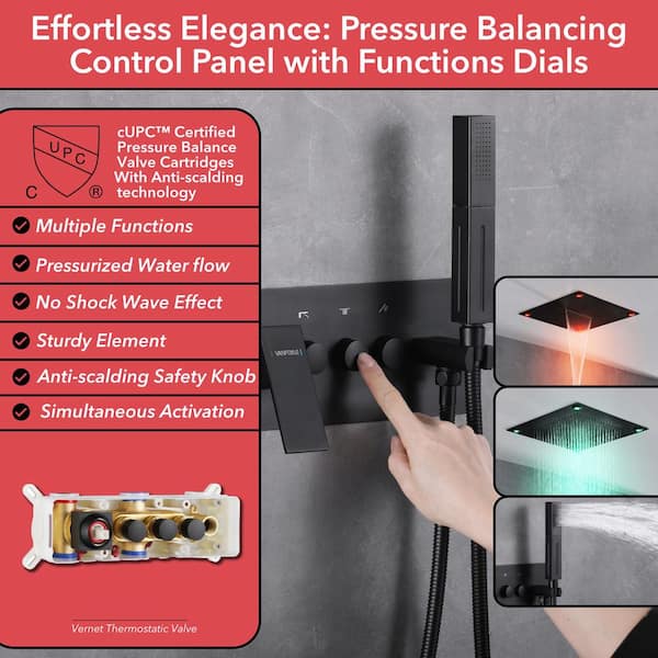 Luxury Single Handle 2-Spray Shower Faucet 1.8 GPM with 16 in. LED Square Rainfall Shower Head in Matte Black