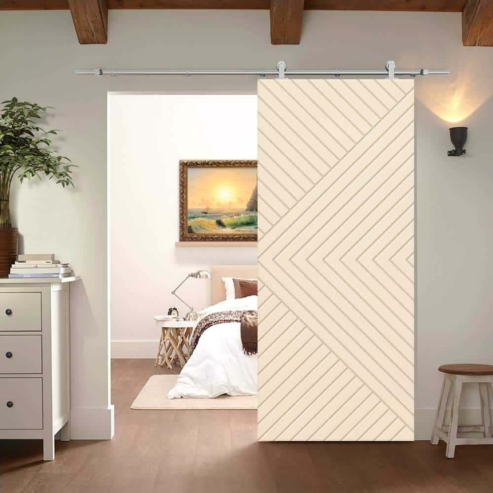 Chevron Pattern Light Brown MDF Barn Door Kit with Stainless Steel Hardware