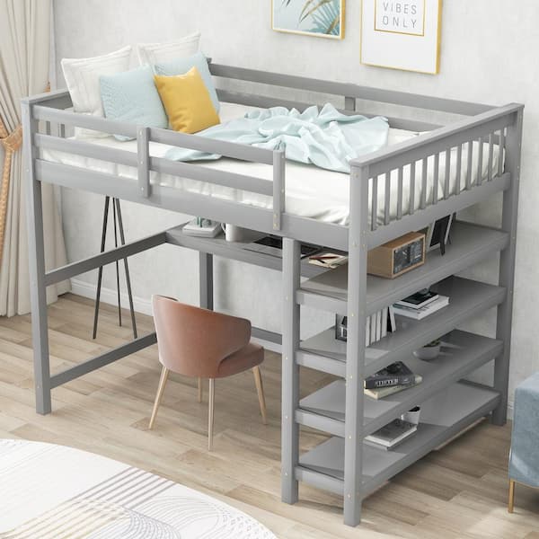 URTR Full Size Loft Bed with Desk and Storage Shelves, Wood Loft Bed Frame with Guard Rail for Kids, Teens, Adults, Gray